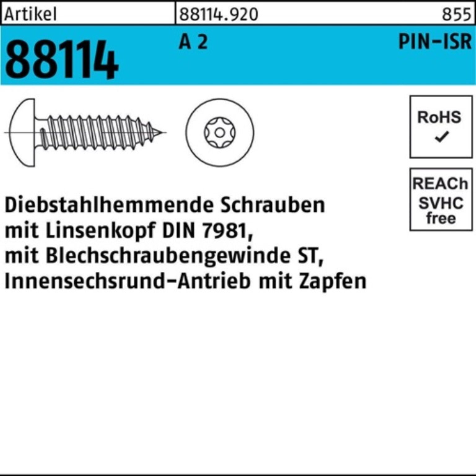 Reyher Schraube 3,5x ISR 100er 25 Schraube 88114 R 10 Pack Zapfen diebstahlh. A 2 Liko