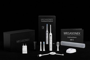 Megasonex Ultraschallzahnbürste M8 S, Aufsteckbürsten: 2 St., Mit 1,6MHz Ultraschall, 2 Schallvibrations-Modi & innovativem Zubehör