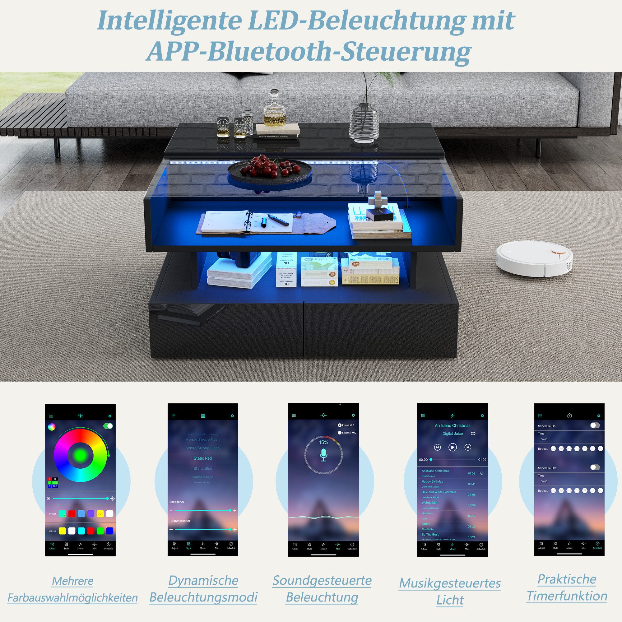 Merax Couchtisch höhenverstellbar Sofatisch Hochglanz Beistelltisch mit LED-Beleuchtung (80 x 80 x 45 cm, 1-St., Tischplatte aus gehärtetem Glas und Spanplatte) – Bild 5 von 5
