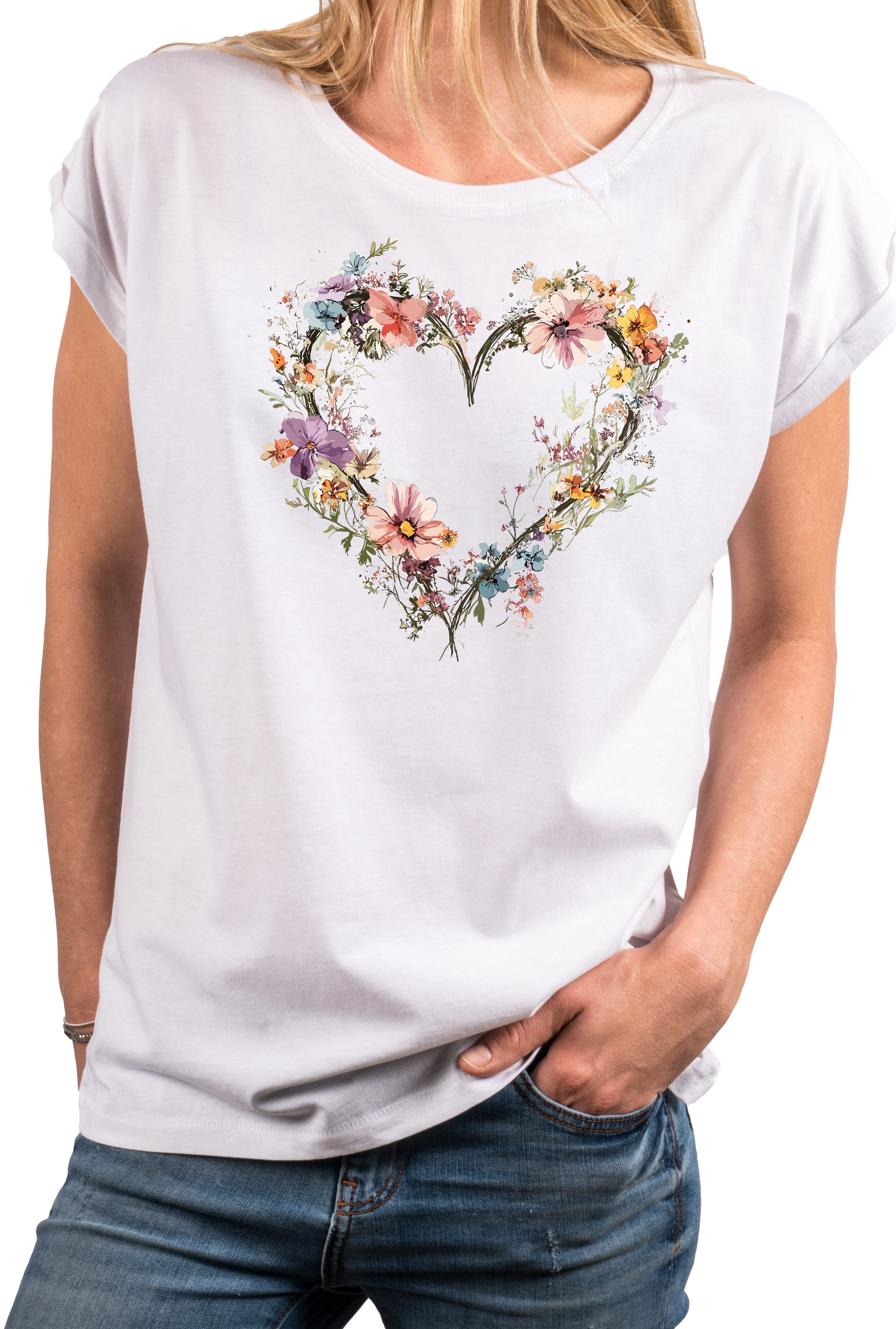 MAKAYA T-Shirt Blumenshirt für Damen – Herz-Motiv & Flower Design (Weiß, Rosa, Hellgrau, Dunkelgrau, Blau, Schwarz, 34, 36, 38, 40, 42, 44, 46, 48, 50) Baumwolle