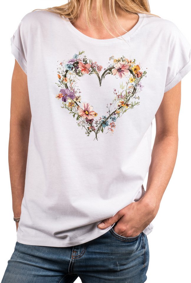 MAKAYA T-Shirt Blumenshirt für Damen – Herz-Motiv & Flower Design (Weiß, Rosa, Hellgrau, Dunkelgrau, Blau, Schwarz, 34, 36, 38, 40, 42, 44, 46, 48, 50) Baumwolle