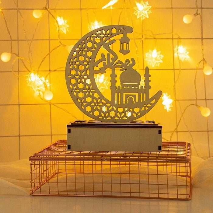Sunicol LED Nachtlicht LED Mond Tischlampe Ramadan Muslim Islam Party Ornament warmweiß Hölzern batteriebetrieben