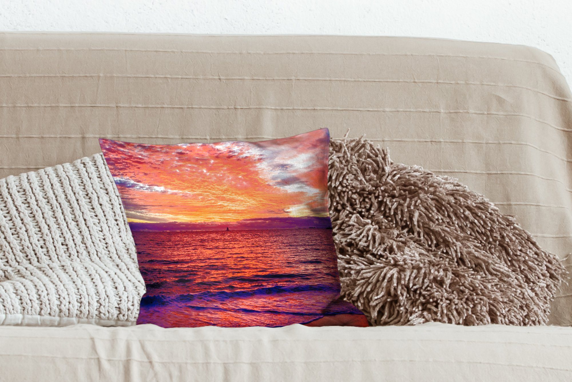 Sofakissen - mit Füllung MuchoWow Zierkissen - Schlafzimmer, Rot, Wohzimmer, Dekokissen Sonnenuntergang für Strand Deko,