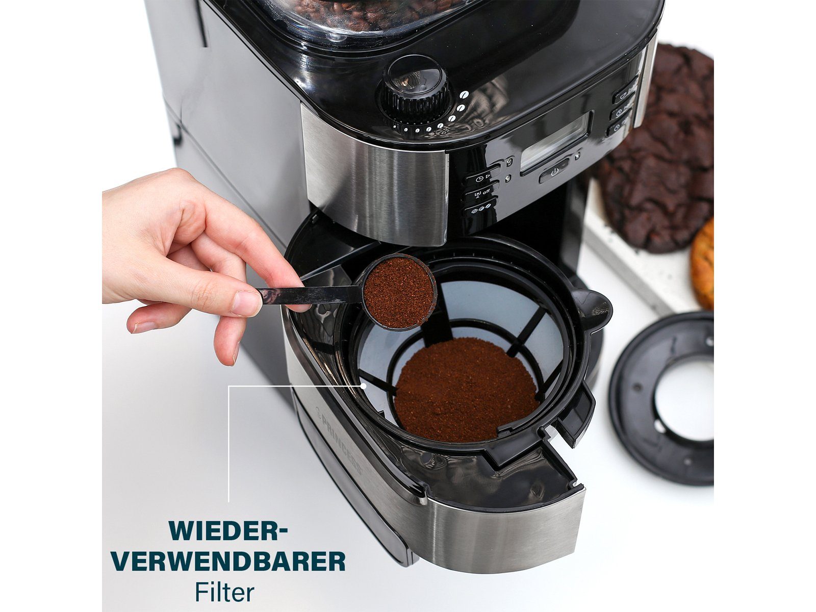 Timer Tassen mit Mahlwerk, für Bohnen abnehmbaren PRINCESS 10 Filterkaffeemaschine, Wassertank &