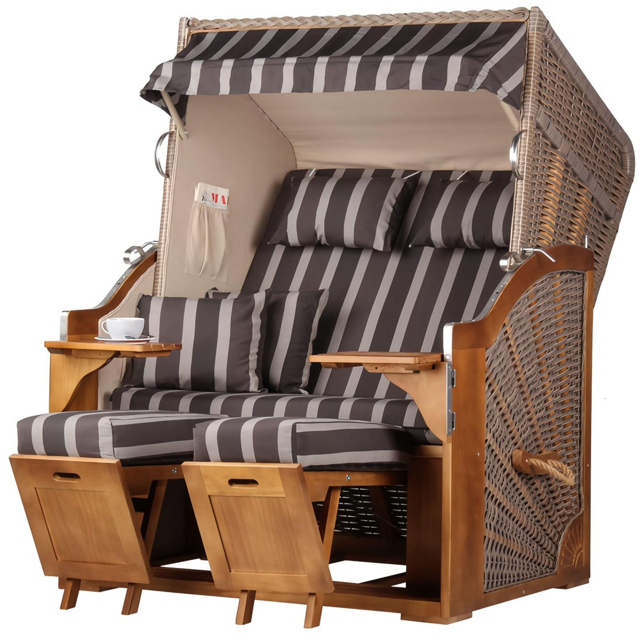 bene living Strandkorb Schleswig Pinie 2-Sitzer - PE mokka - Modell 554, BxTxH: 120x80x160 cm, Volllieger, Ostsee-Strandkorb, (Strandkorb-Komplettset, 4-tlg., Strandkorb, Schutzhülle, Doppellenkrollen und Glas-/Becherhalter), inkl. Windschutzfolie, Bistrotischen und bequemer Polsterung