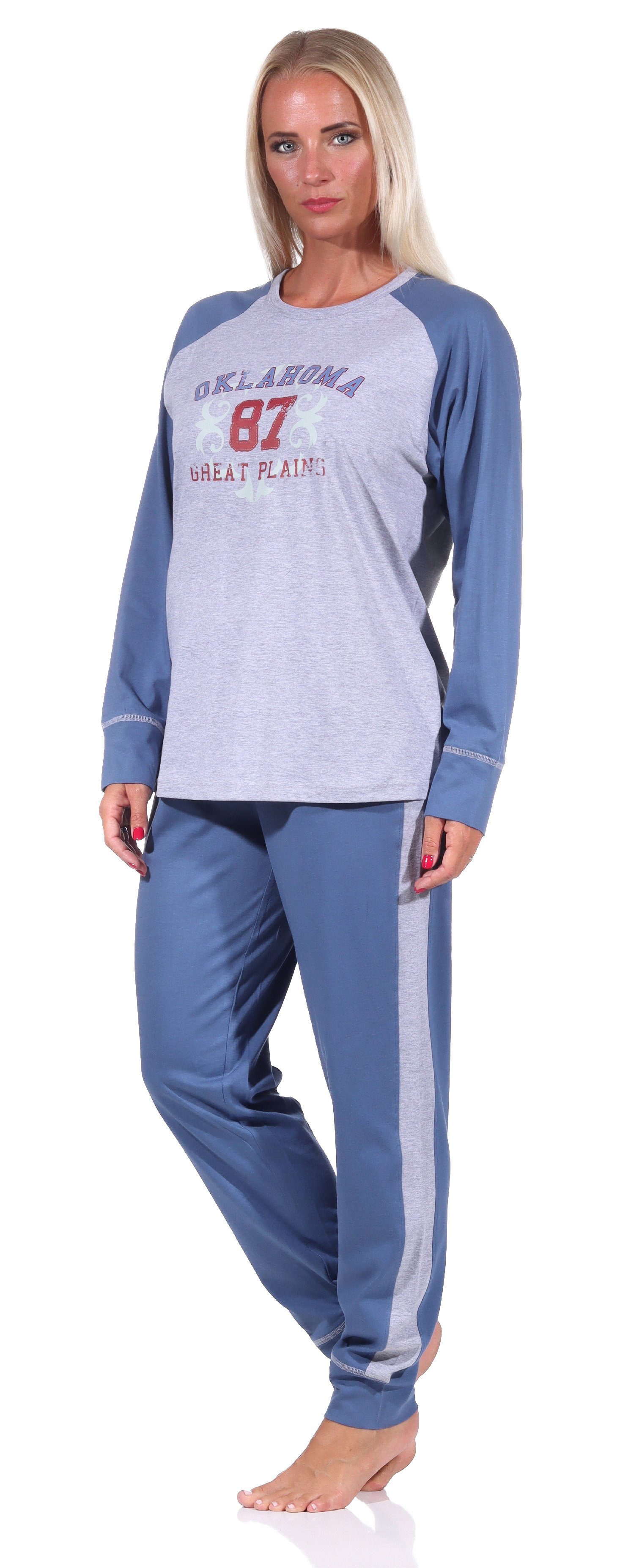Normann Pyjama Damen Pyjama Front Print langarm College-Look grau-melange Schlafanzug mit im