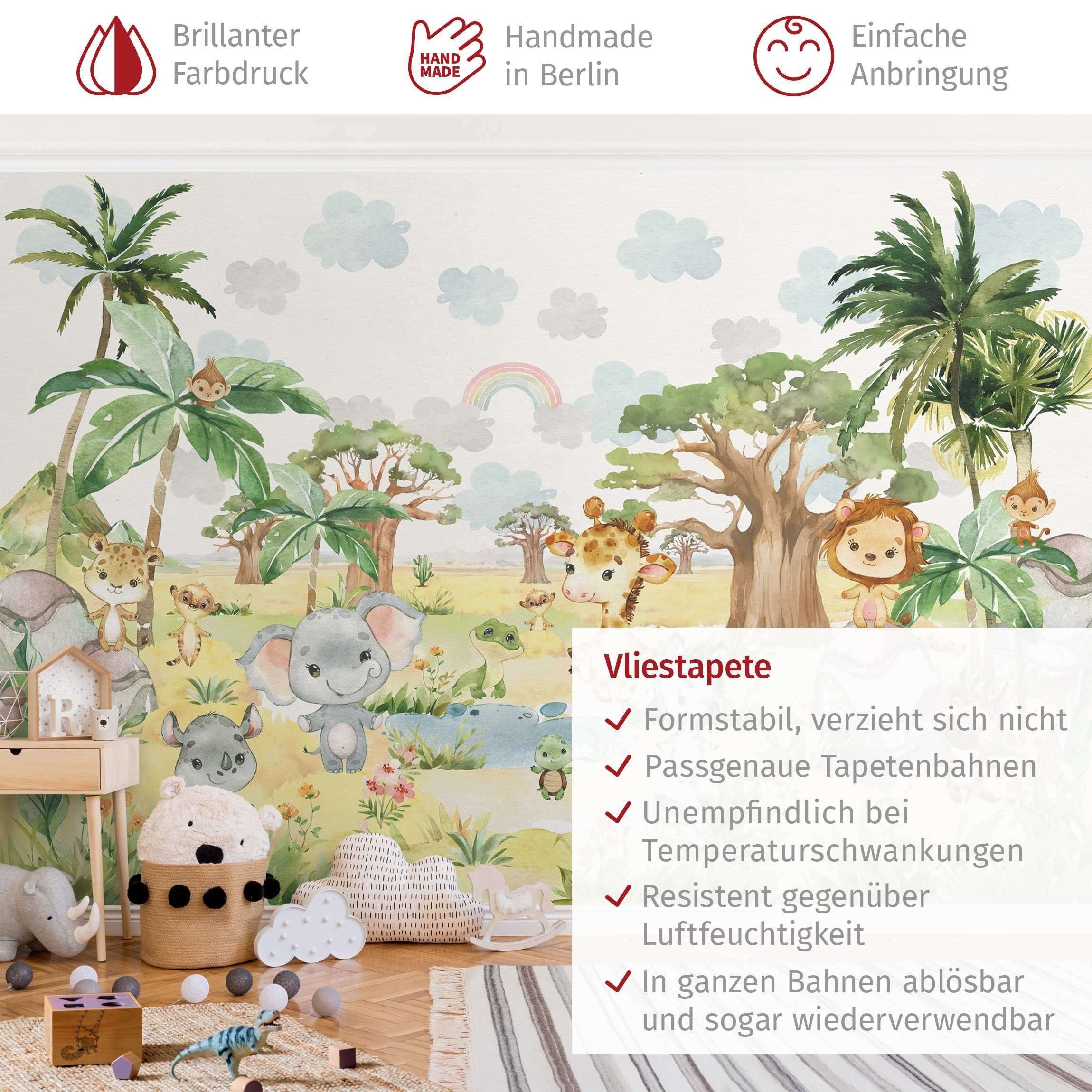 Bilderdepot24 Kindertapete Wilde Savanne Aquarell Illustration Kinder Natur Landschaft Tiere grün, Glatt, Matt, (Vliestapete inkl. Kleister oder selbstklebend), Mädchenzimmer Jungenzimmer Babyzimmer Bildtapete Fototapete Wandtapete