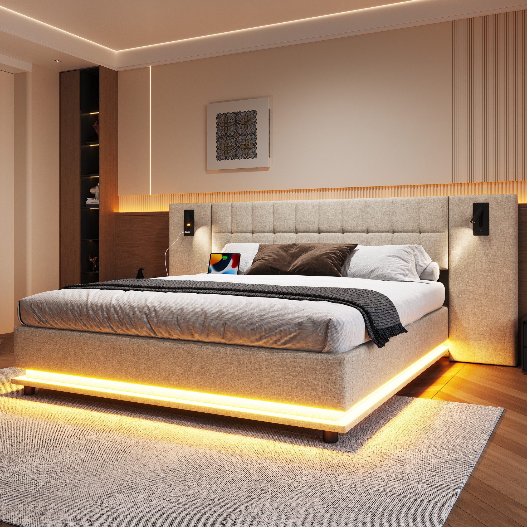 REDOM Polsterbett mit LED-Leiste & USB, Kopfteil mit Spotlicht (Leinen-Dopp günstig online kaufen