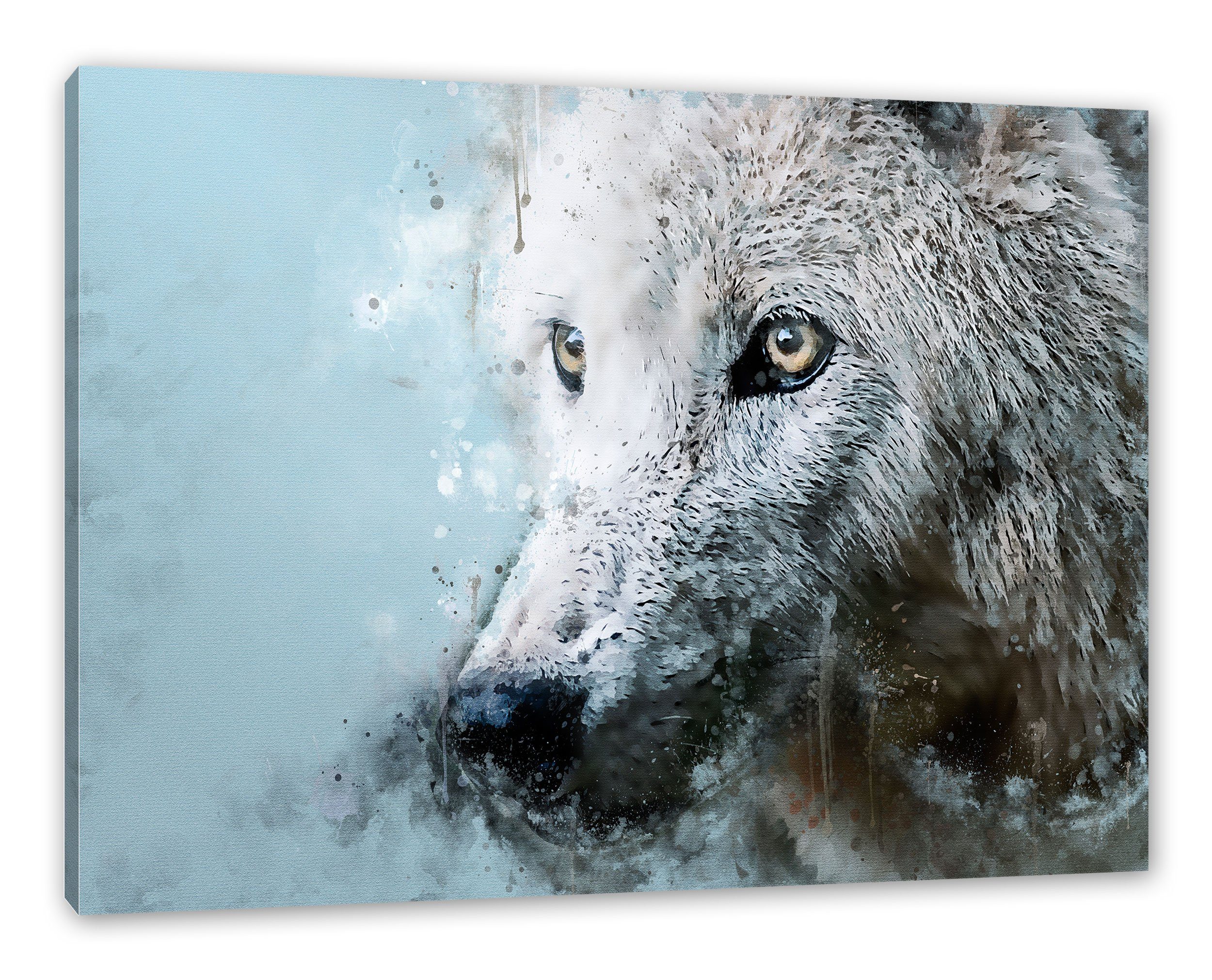 Nahaufnahme, Zackenaufhänger Wolf Nahaufnahme Leinwandbild inkl. Dreckiger fertig bespannt, Dreckiger Pixxprint Leinwandbild St), (1 Wolf