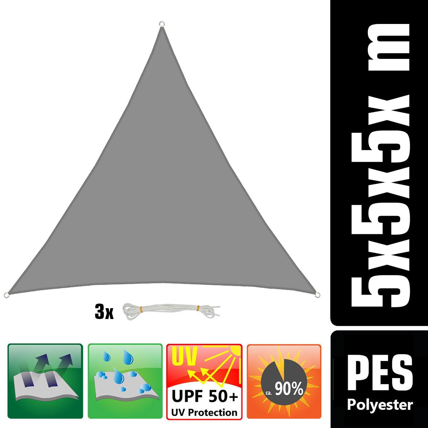 AMANKA Sonnensegel mit UV Schutz - 5 x 5 x 5 m Wasserdicht - Sonnenschutz Garten & Balkon, Polyester Sonnenschutzsegel Dreieckig - Überdachung mit Regenschutz