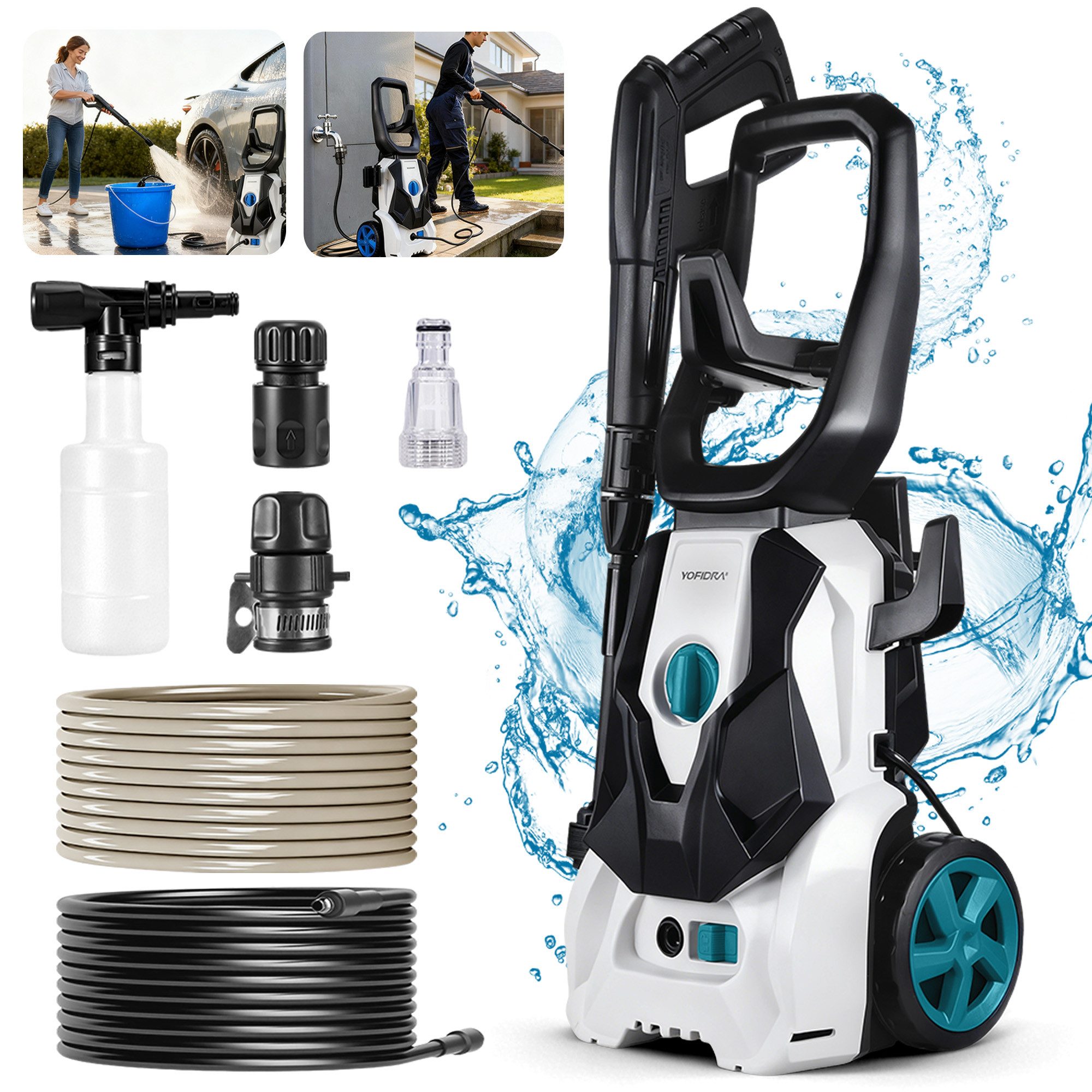 Yofidra Hochdruckreiniger 150 bar Elektro-Hochdruckreiniger, 390 l/h Fördermenge, Druck max: 150 bar, 2000 W, Fördermenge max: 390 l/h, ideal für Haus, Garten und Auto