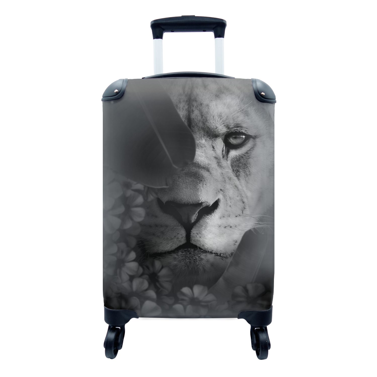 MuchoWow Handgepäckkoffer Nahaufnahme eines Löwen im Dschungel - schwarz und weiß, 4 Rollen, Reisetasche mit rollen, Handgepäck für Ferien, Trolley, Reisekoffer