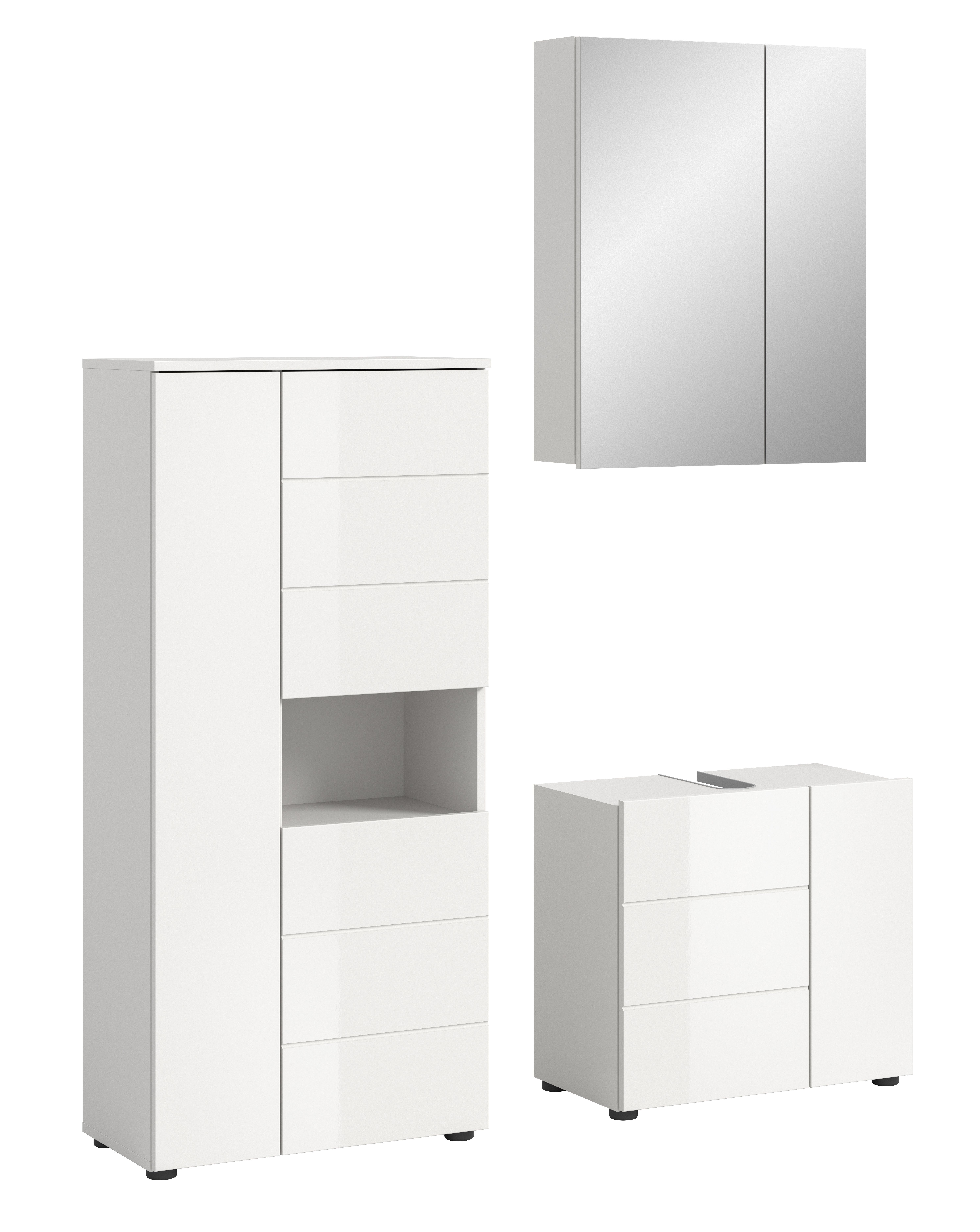furnling Badmöbel-Set Vera, (3-St., Spiegelschrank, Standschrank, Waschbeckenunterschrank), Badschrank, Badmöbel, Hochglanz Front, melaminbeschichtet, weiß