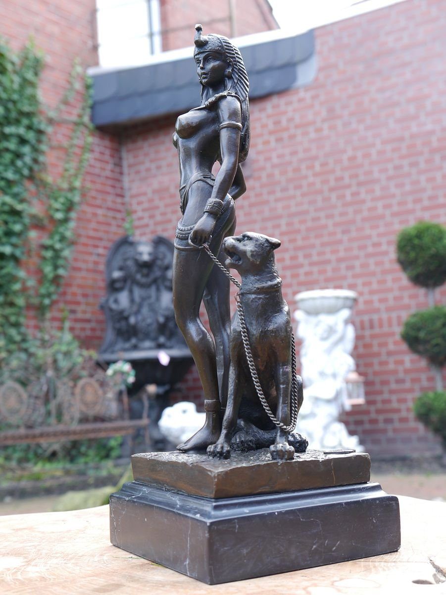 AFG Dekoobjekt Bronze-Statue, Leopard Marmorsockel mit Pharaonin auf