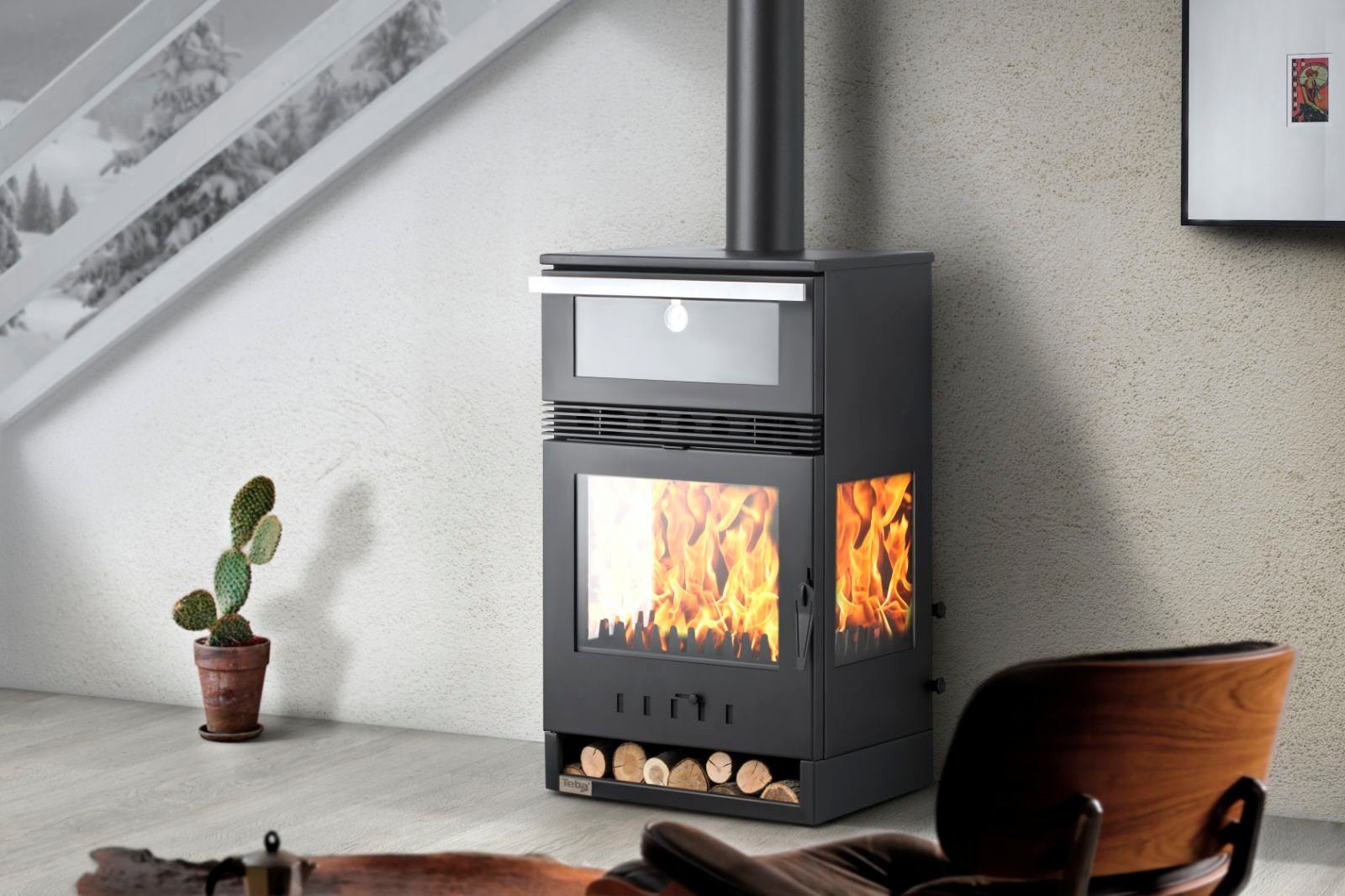 TKS mit 15 Teba Kamin Therm Backfach Luftzufuhr Kaminofen 3 kW, Panorama Scheiben 12,80 Holzofen, Externe Glas