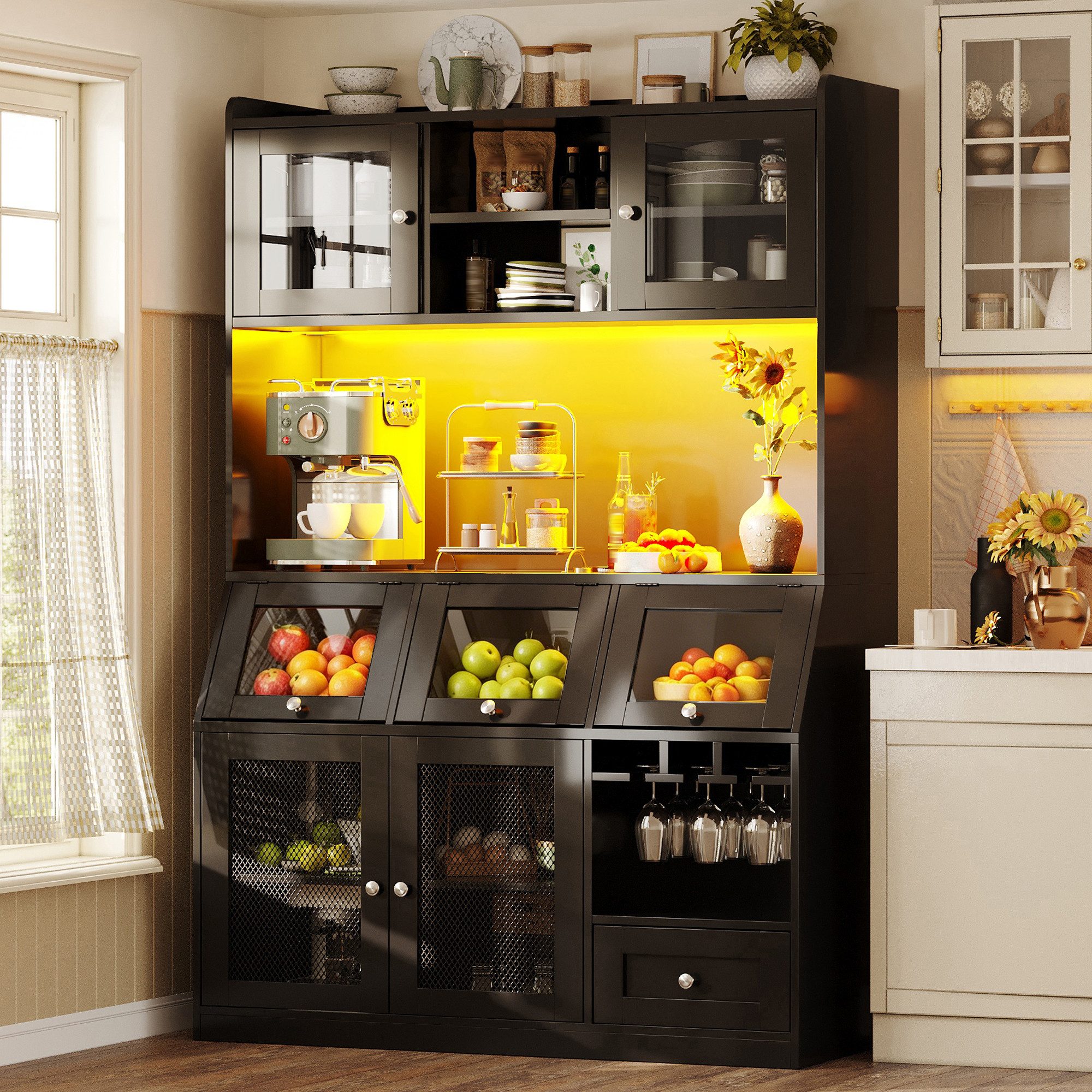 Flieks Küchenbuffet Hochschrank mit USB-Anschluss, LED-Beleuchtung und Glastüren (120x40x181,7 cm, 1-St) Multifunktionsschrank Mehrzweckschrank mit verstellbarer Einlegeböden