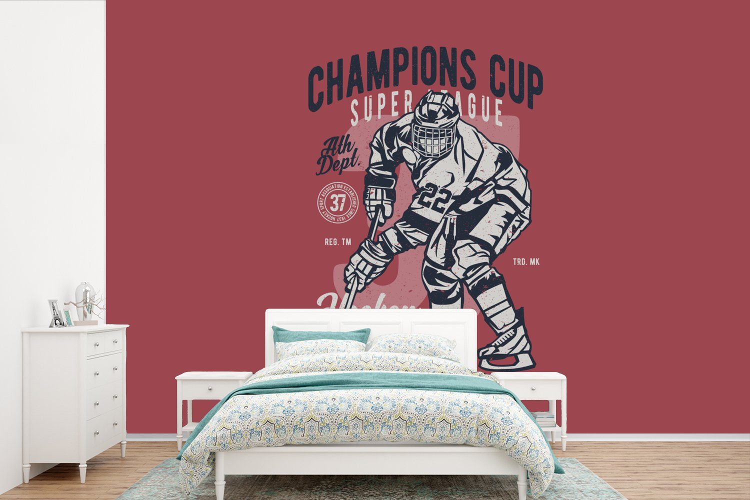 MuchoWow Fototapete Eishockey-Schlittschuhe - Sport - Vintage, Matt, bedruckt, (6 St), Wallpaper für Wohnzimmer, Schlafzimmer, Kinderzimmer, Vinyl Tapete