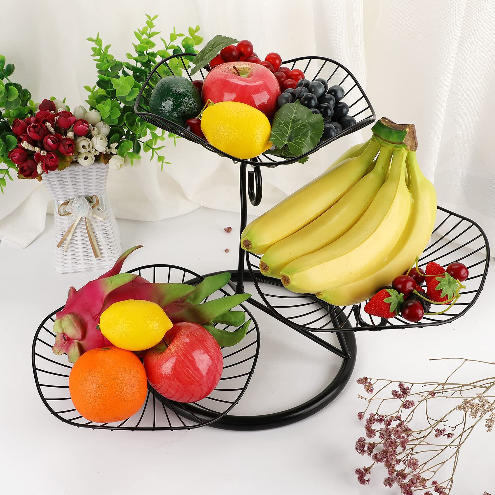 Agger Obstschale 3 Etage Obstschale aus Eisen,Obstkorb,Sevietkorb,Obst aufbewahrung,für Gemüse Brot und Obst in der Küche (Lotosblatt)