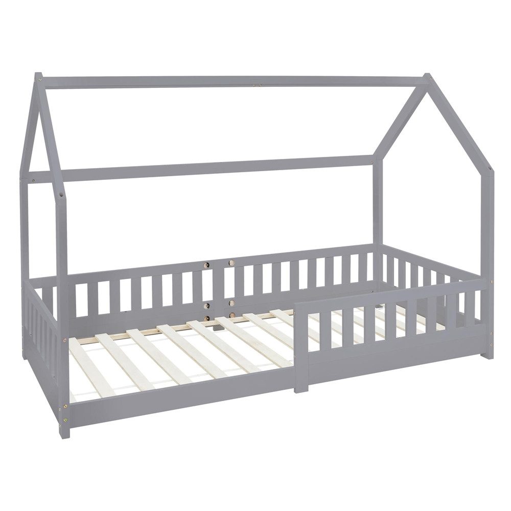 ML-DESIGN Spielbett Hausbett Kinderbett inkl. Lattenrost kreativ Bodenbett für Kinder, Abenteuerbett mit Rausfallschutz Kiefer Hellgrau Himmelbett Bettenhaus
