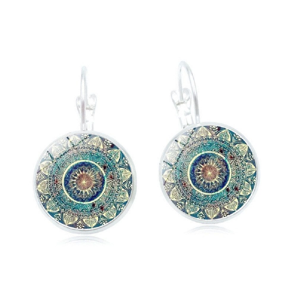 RAIKOU Ohrring und Ketten Set Mandala rund, Boho Vintage Ohrringe/ Kette mit Mandala Muster, Glas Cabochon Ohrhänger 2,8 cm – Bild 2 von 4