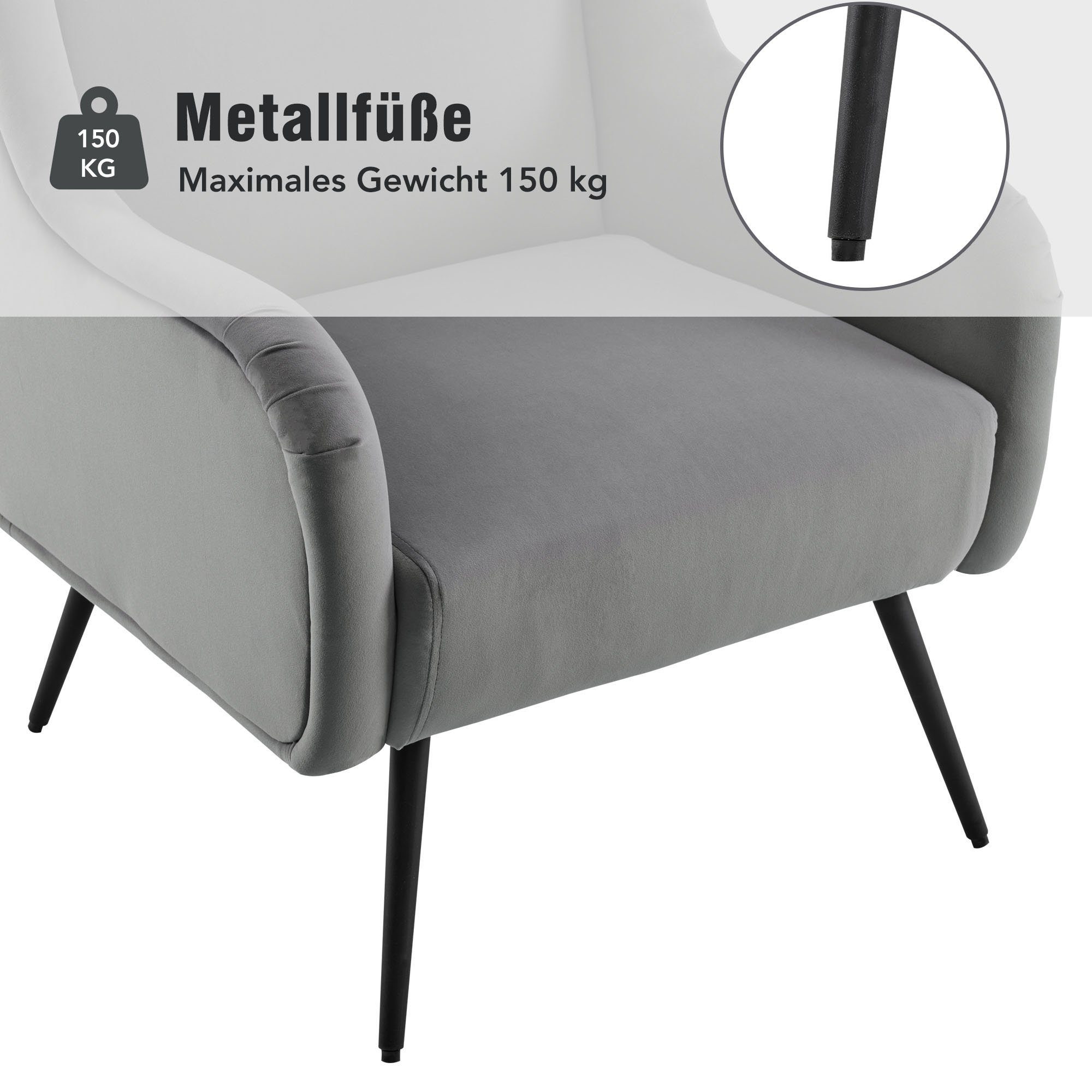 Ulife Metallbeinen, mit Grau moderner 70×89,5×72cm Samtstuhl Loungesessel