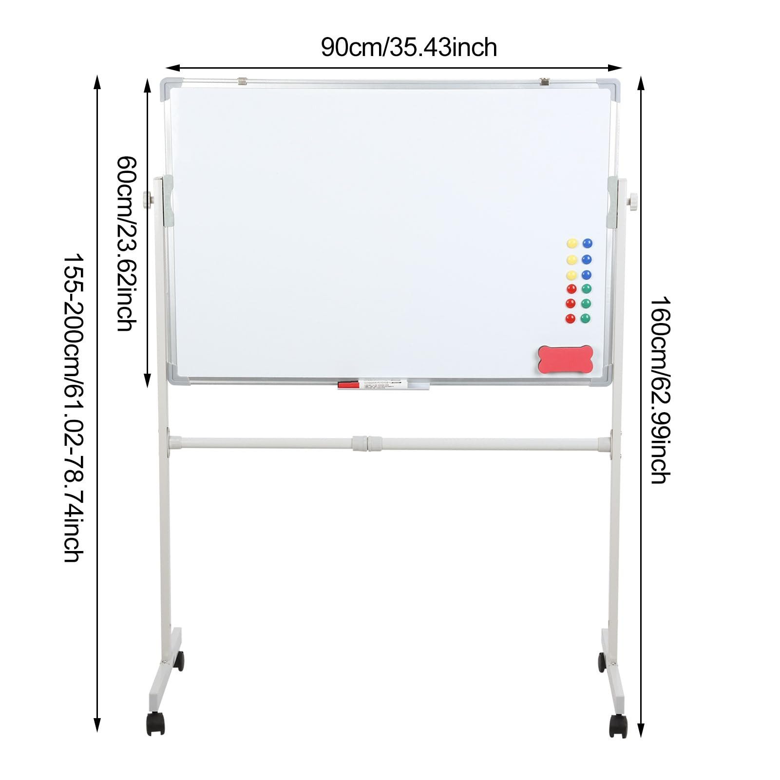 Rutaqian Wandtafel Whiteboard 90 x 60 cm,Mobiles Whiteboard mit Ständer,360 Drehbar, Höhenverstellbares Magnettafel mit Rollen für Zuhause, Schule, Büro