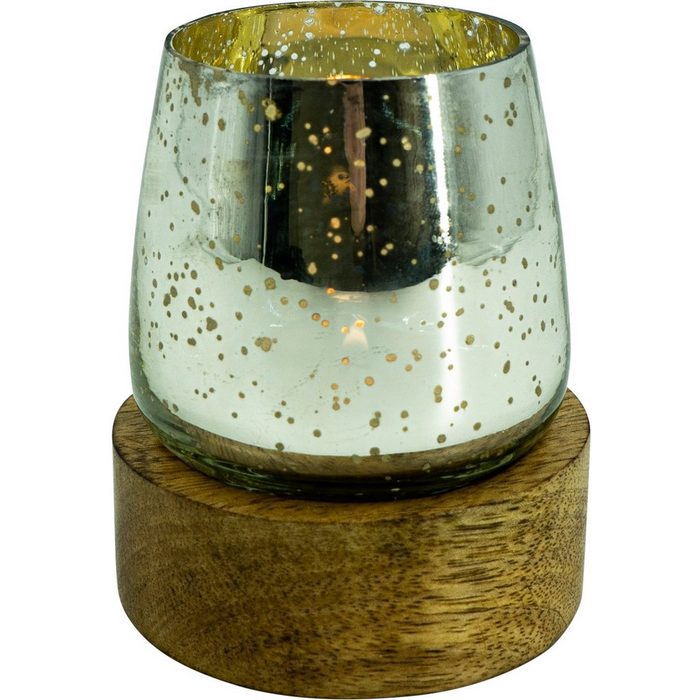 NOOR LIVING Kerzenhalter mit silberfarbenem Glas auf einem Mangoholzsockel