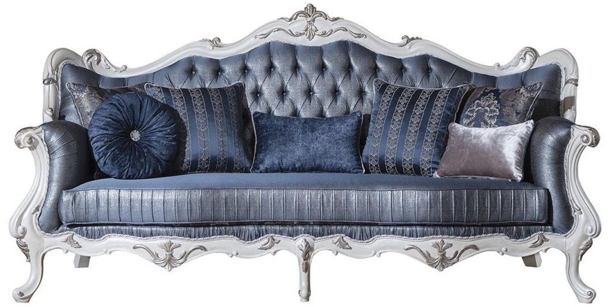 Casa Padrino Sofa Luxus Barock Wohnzimmer Sofa mit dekorativen Kissen Blau / Weiß / Silber 240 x 90 x H. 120 cm - Prunkvolle Barock Möbel