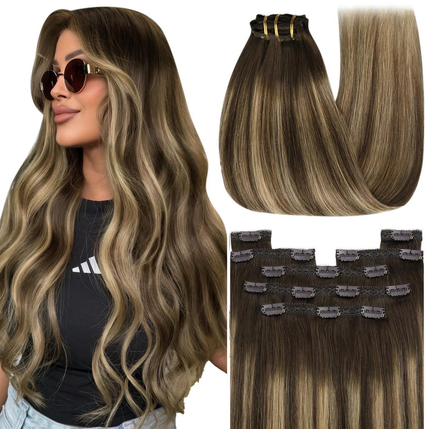 Echthaar-Extension Extensions Echthaar Clip Ombre Braun Blond 1-Clip-4-#4 27 4 40 cm-135g