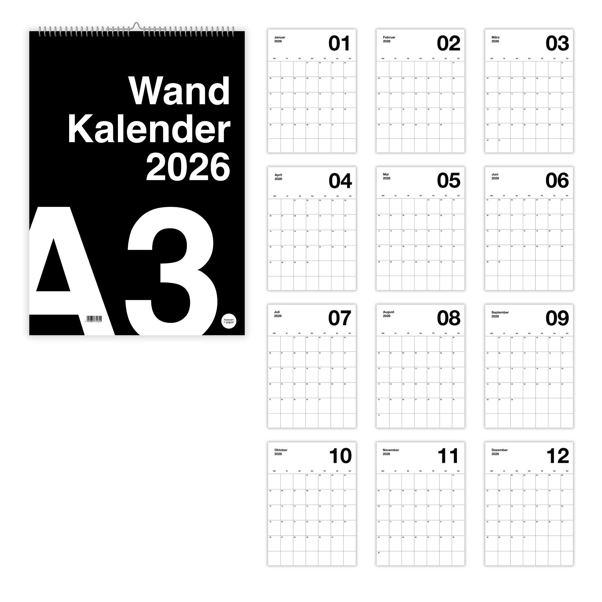 heaven+paper Jahresplaner A3 Minimalistischer Design Wandkalender 2026 Black, hochwertig, Hergestellt in Deutschland