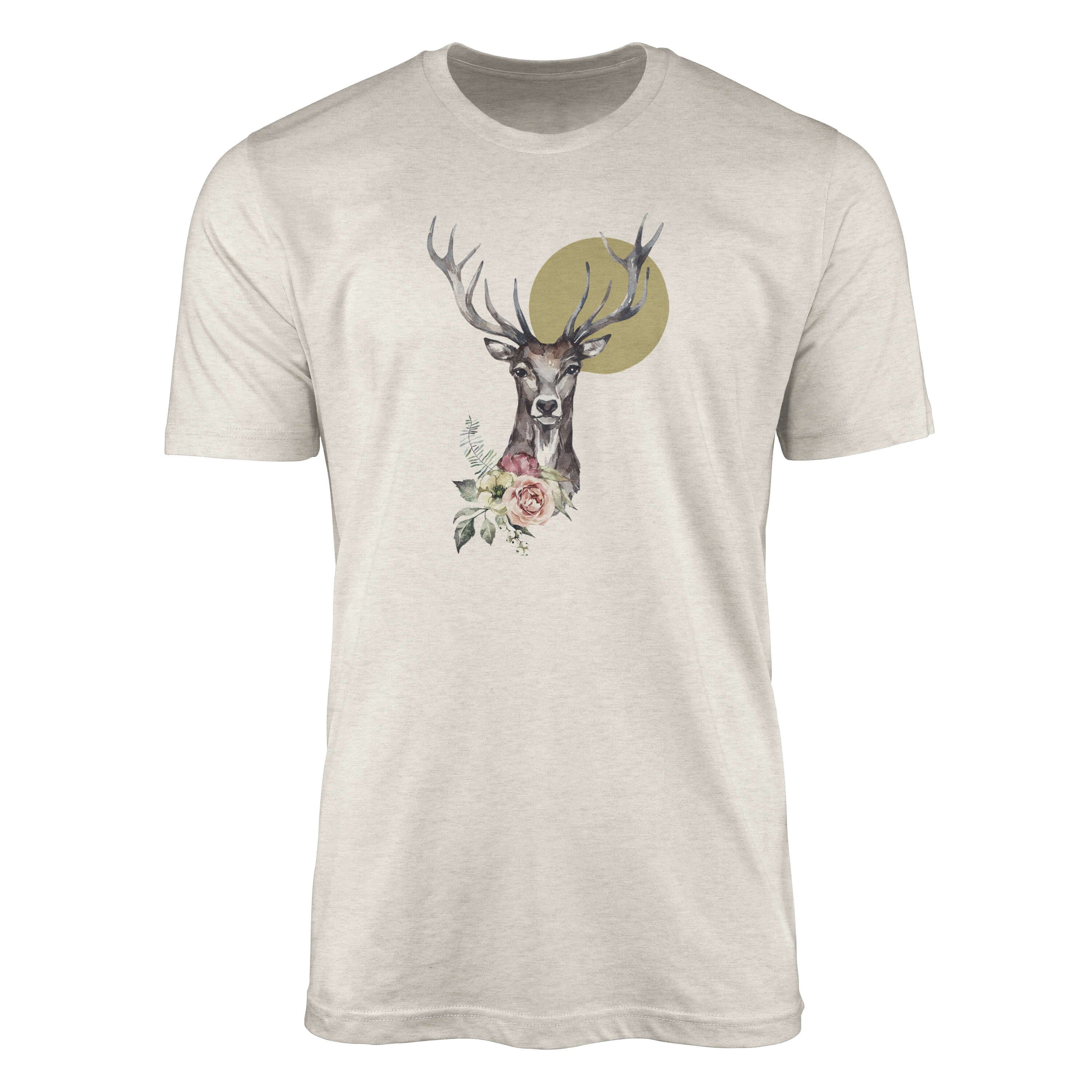 Sinus Art T-Shirt Herren Shirt 100% gekämmte Bio-Baumwolle T-Shirt Aquarell Hirsch Porträt Blumen Motiv Nachhaltig Ök (1-tlg)