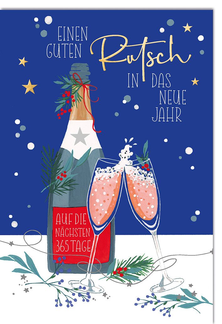 Verlag Dominique Grußkarten Neujahr - Karte mit Umschlag - Flasche, Gläser gezeichnet