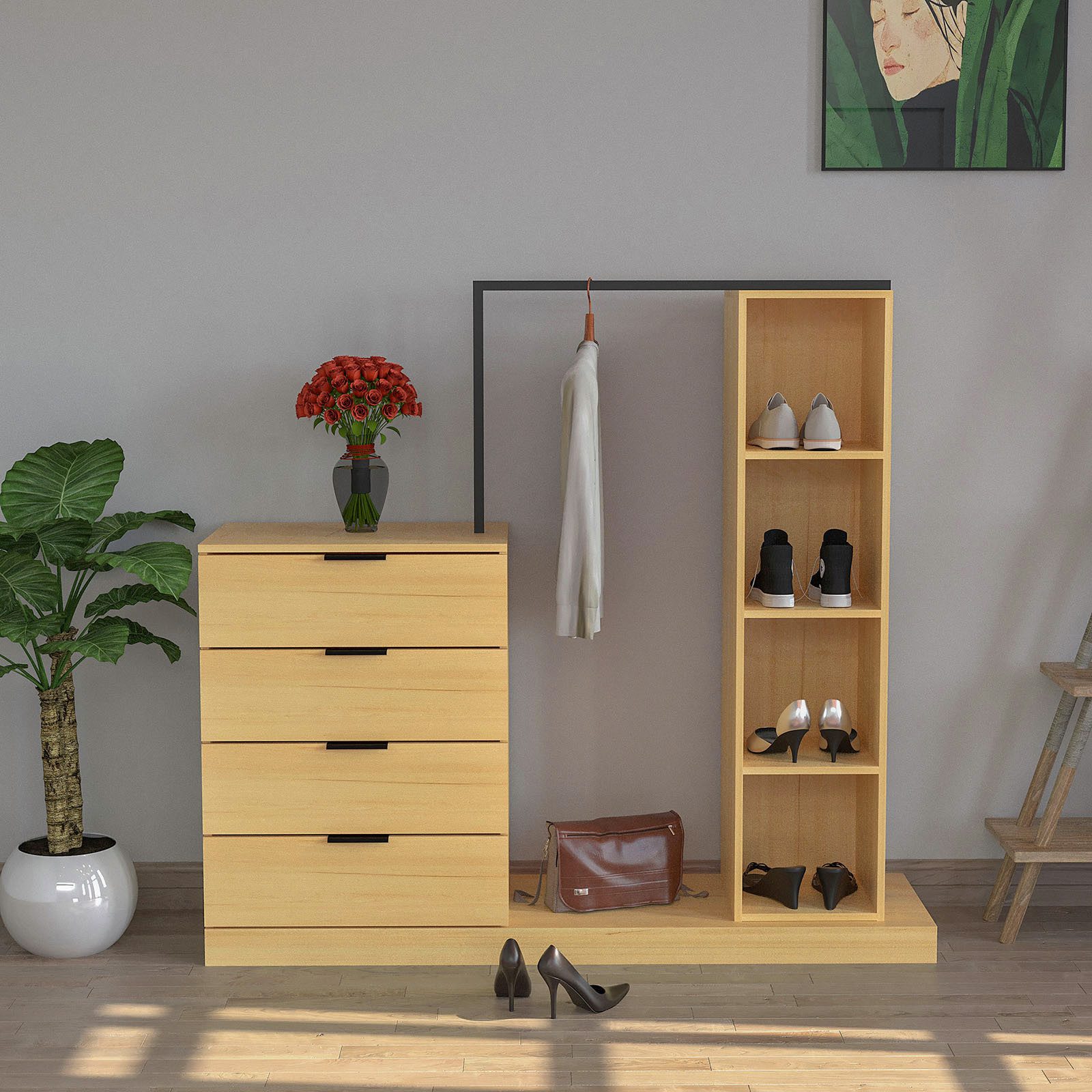 WAOHO Garderoben-Set Schubladenkommode mit Kleiderstange, Garderobenständer, 145*137*40