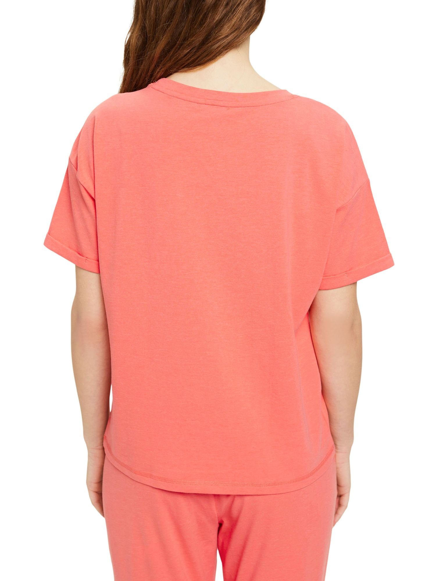 Esprit Pyjamaoberteil T-Shirt Baumwoll-Mix Brusttasche aus mit CORAL