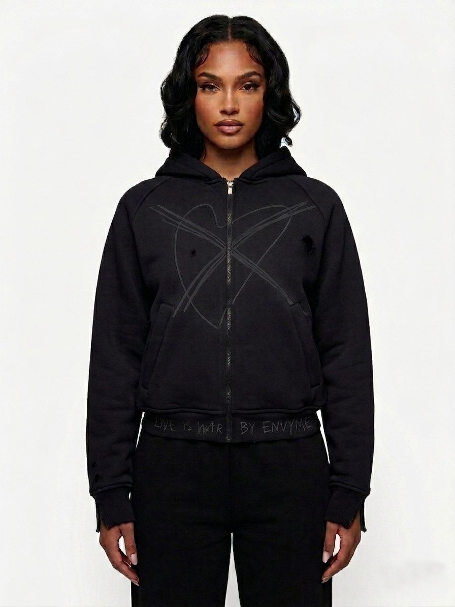 ENVYME Hoodie Kapuzenjacke Zip-Hoodie Herz-Print, Vintage Used-Look