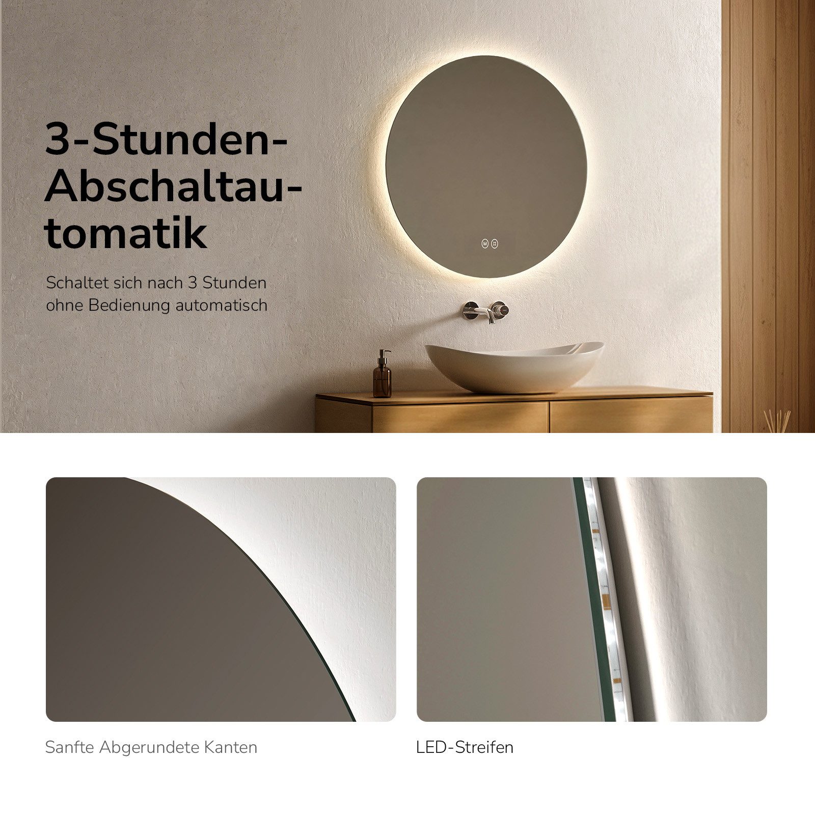 EMKE LED-Lichtspiegel Badspiegel rund, rahmenlos, Touch-Steuerung, dimmbar, Memory-Funktion (50–80 cm, Touchschalter), 3 Lichtfarben, indirekte Beleuchtung, IP4 – Bild 4 von 5