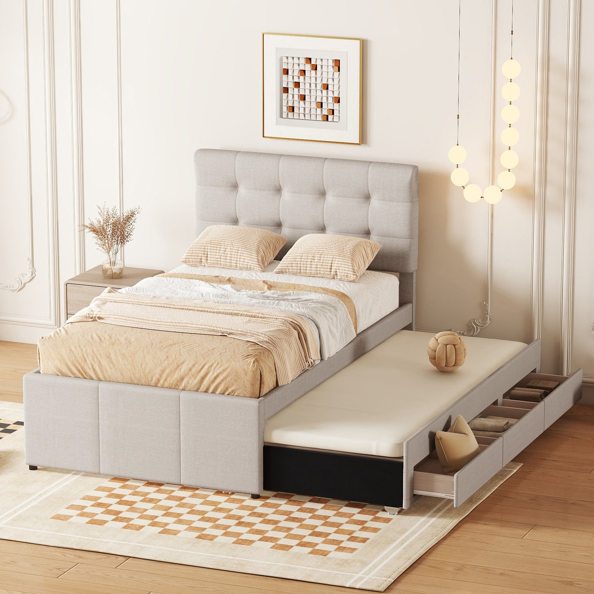 Ulife Polsterbett Doppelbett ausziehbares Bett Familienbett, Verstellbares Kopfteil, mit drei Schubladen, 90 x 200 cm
