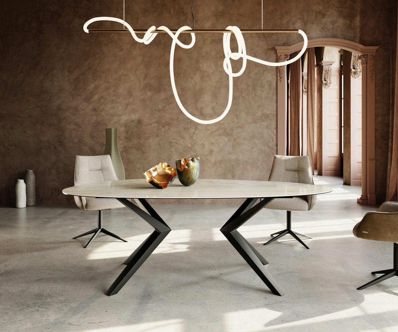 DELIFE Esstisch Edge, Oval Keramik Iris FMG Onice Oro? 220x120 Zenthara kantig Metall Schwar