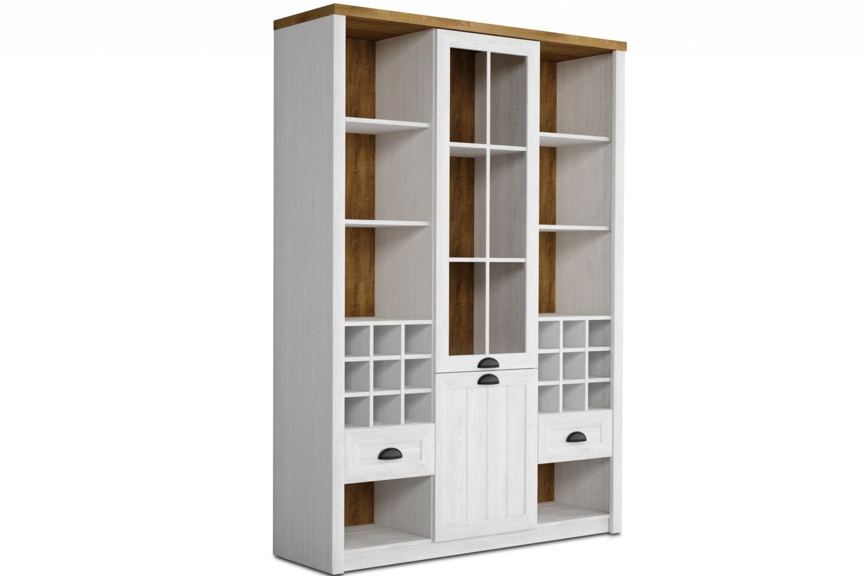 KONSIMO® Glasvitrine LEMAS Großvitrine, Glastüren, hergestellt in der EU mit Schubladen, geräumige Vitrine, Provenzalische Stil