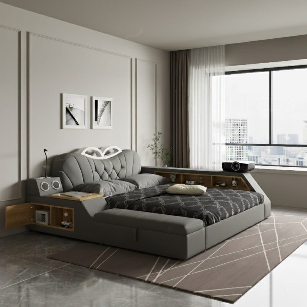 JVmoebel Multimediabett Multifunktionales Bett Moderner Stil Grau Holzrahmen Entspannend (2-tlg)