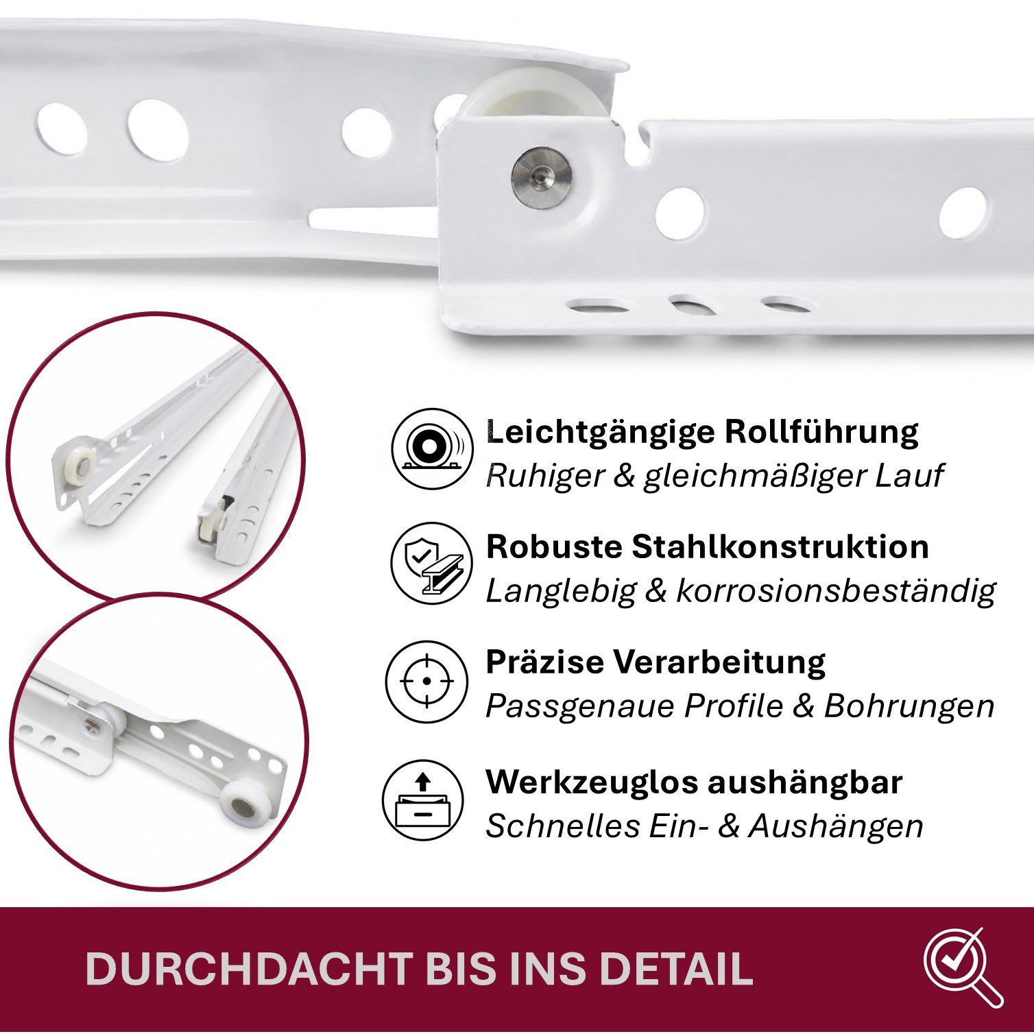 HOOZ Auszug Schubladenschienen 300mm 1 Paar Rollschubführung Teilauszug Weiß (1-teiliges Set, 1 St., 1 Paar (4 Schienen) für 1 Schublade), Teilauszug mit Rollführung, Ausrollsicherung und Herausfallsicherung