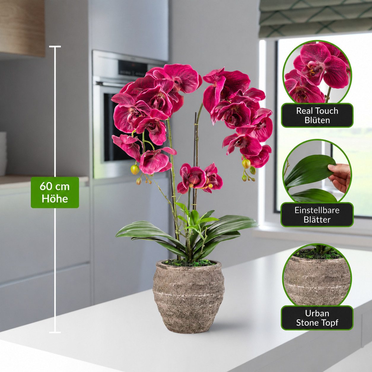 Kunstorchidee PASCH® Orchidee künstlich wie echt (60cm) in Urban Stone Töpfen Orchidee, PASCH, Real Touch Blüten, Handgefertigter Stone Cube