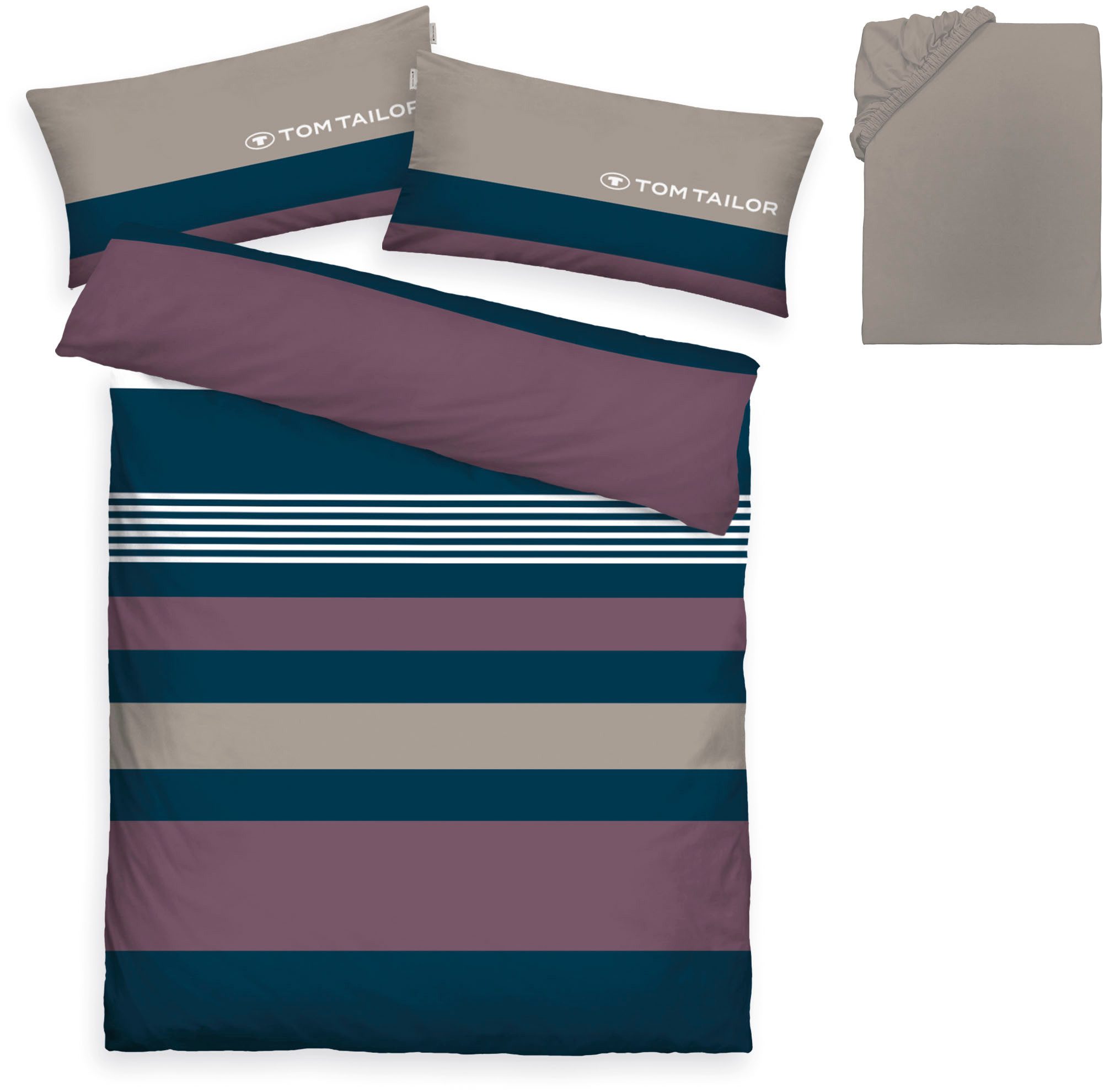 TOM TAILOR HOME Bettwäsche Carl in Gr. 135x200 oder 155x220 cm, Biber, 3 teilig, mit GRATIS-Zugabe: Spannbettlaken, 100% Baumwolle, mit Reißverschluss