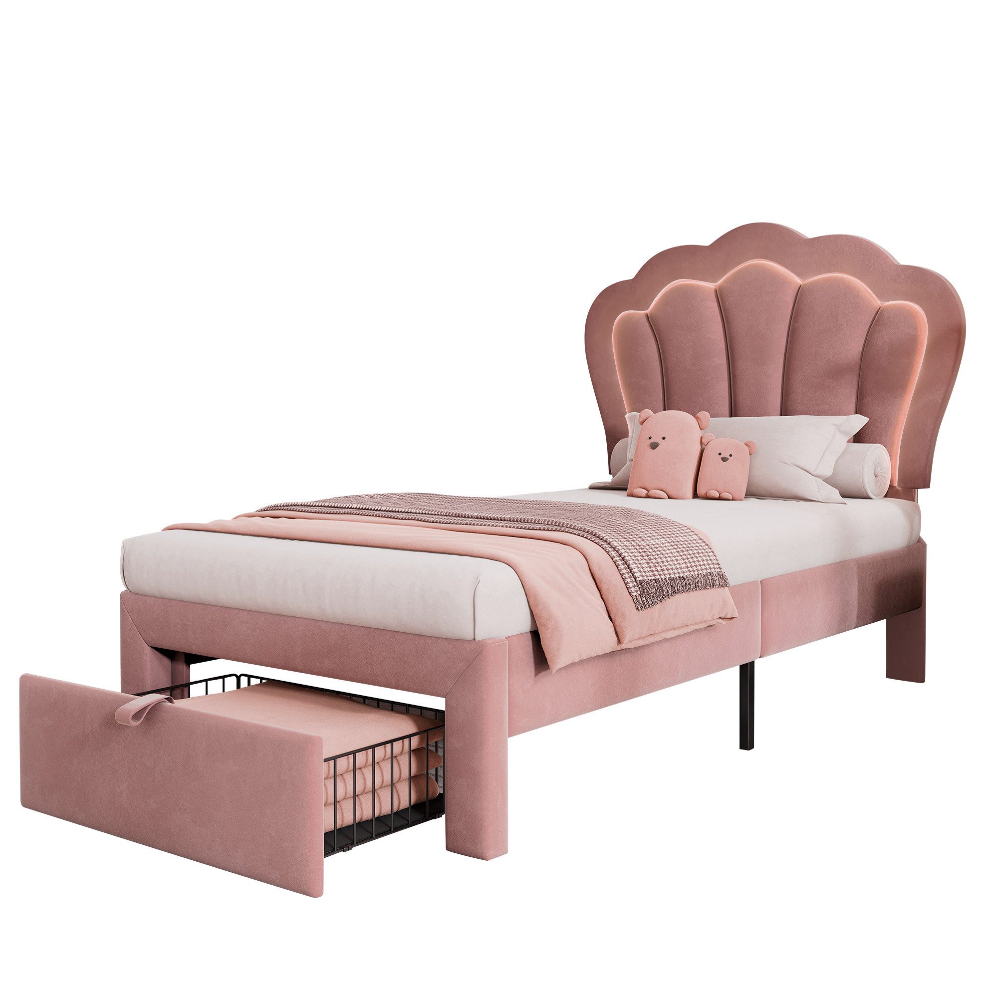 Odikalo Kinderbett Einzel Jugendbett Polsterbett Bettgestell Verstellbares Kopfteil Rosa
