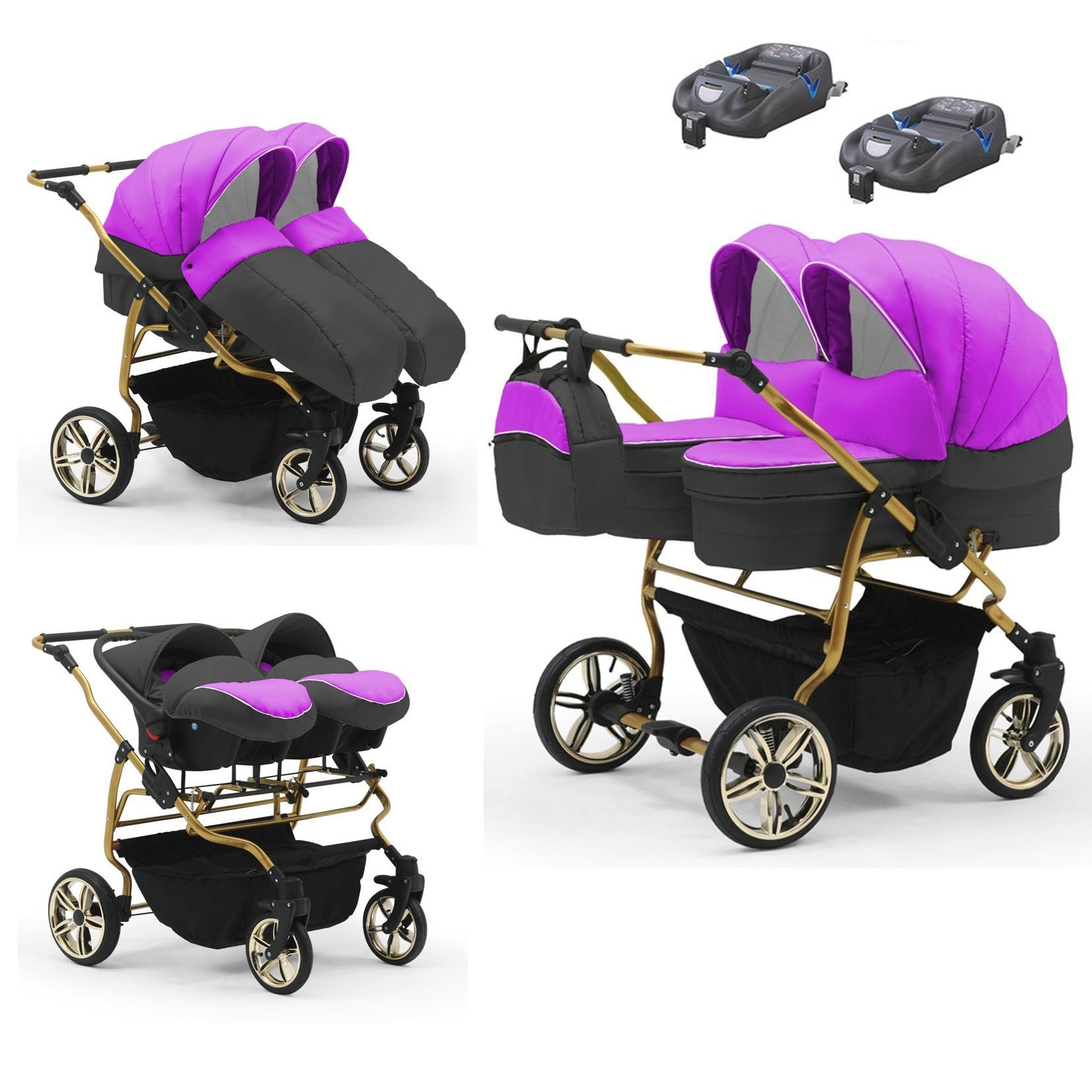 babies-on-wheels Zwillingswagen Zwillingswagen Duet Lux Gold 4 in 1 - 15 Teile - in 33 Farben Lila-Schwarz