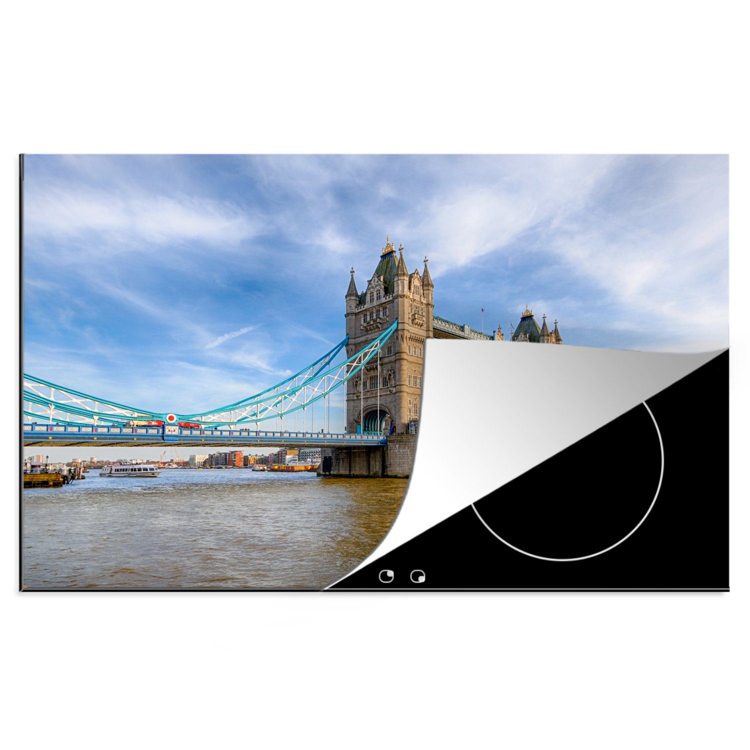 MuchoWow Herdblende-/Abdeckplatte Blauer Himmel über der Tower Bridge in London, Vinyl, (1 tlg), 81x52 cm, Induktionskochfeld Schutz für die küche, Ceranfeldabdeckung