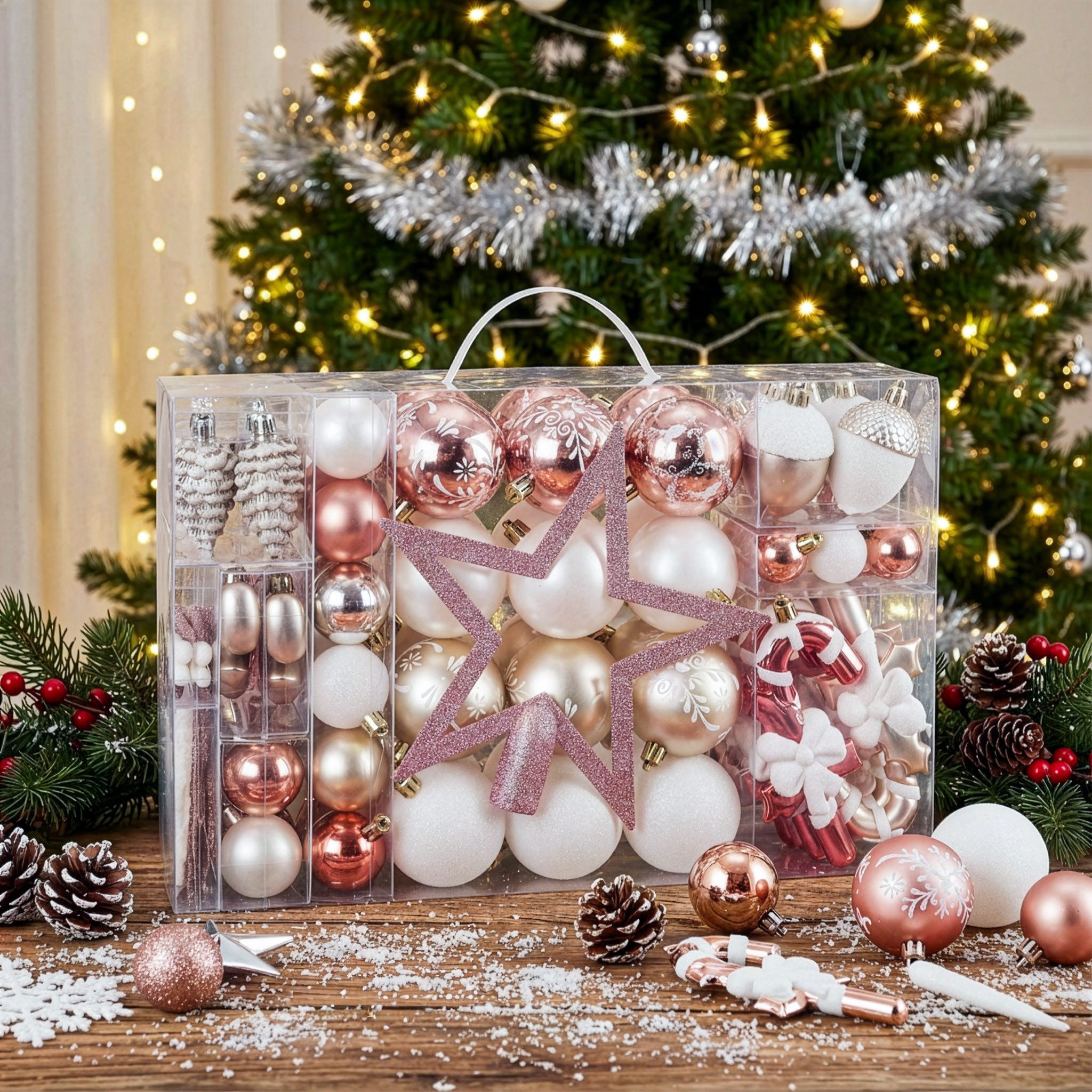 BRUBAKER Weihnachtsbaumkugel 101 Stück Premium Christbaumschmuck - Weihnachtskugel Set (101 St), Schneeflocken, Schleifen, Eiszapfen, Eicheln, Sternen Baumschmu – Bild 4 von 5