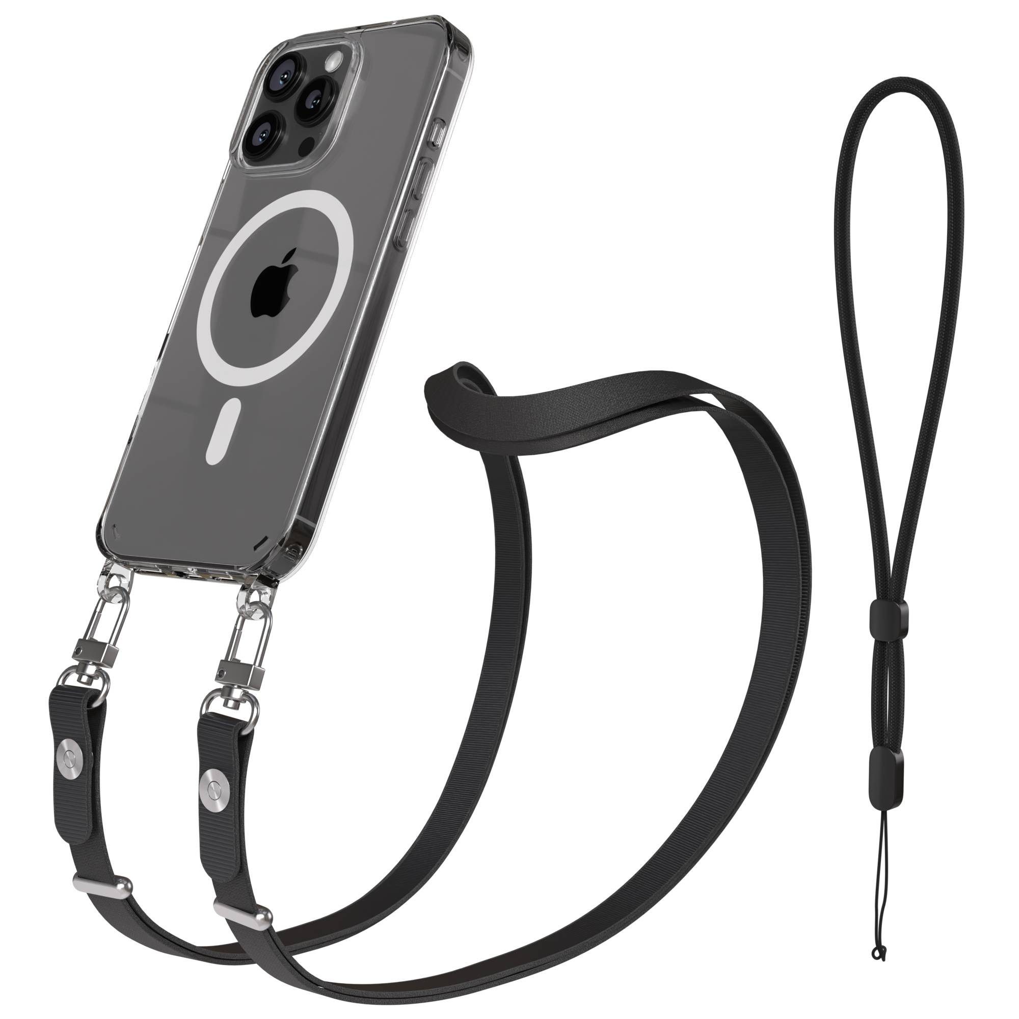 EAZY CASE Handykette für Apple iPhone 16 Pro Max Handyhülle mit Handyband magnetisch, MagSafe Hülle in Schwarz mit Magnetband und flexibler Handykette