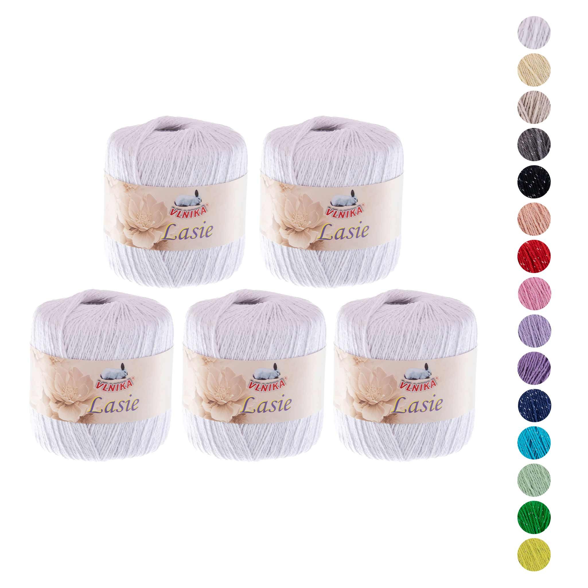 VLNIKA 5 x 50g Strickgarn Lasie Glitzereffekt Häkelgarn Sommergarn Häkelwolle, 750 m (Sparpaket (5 Knäuel je 50g), weiß