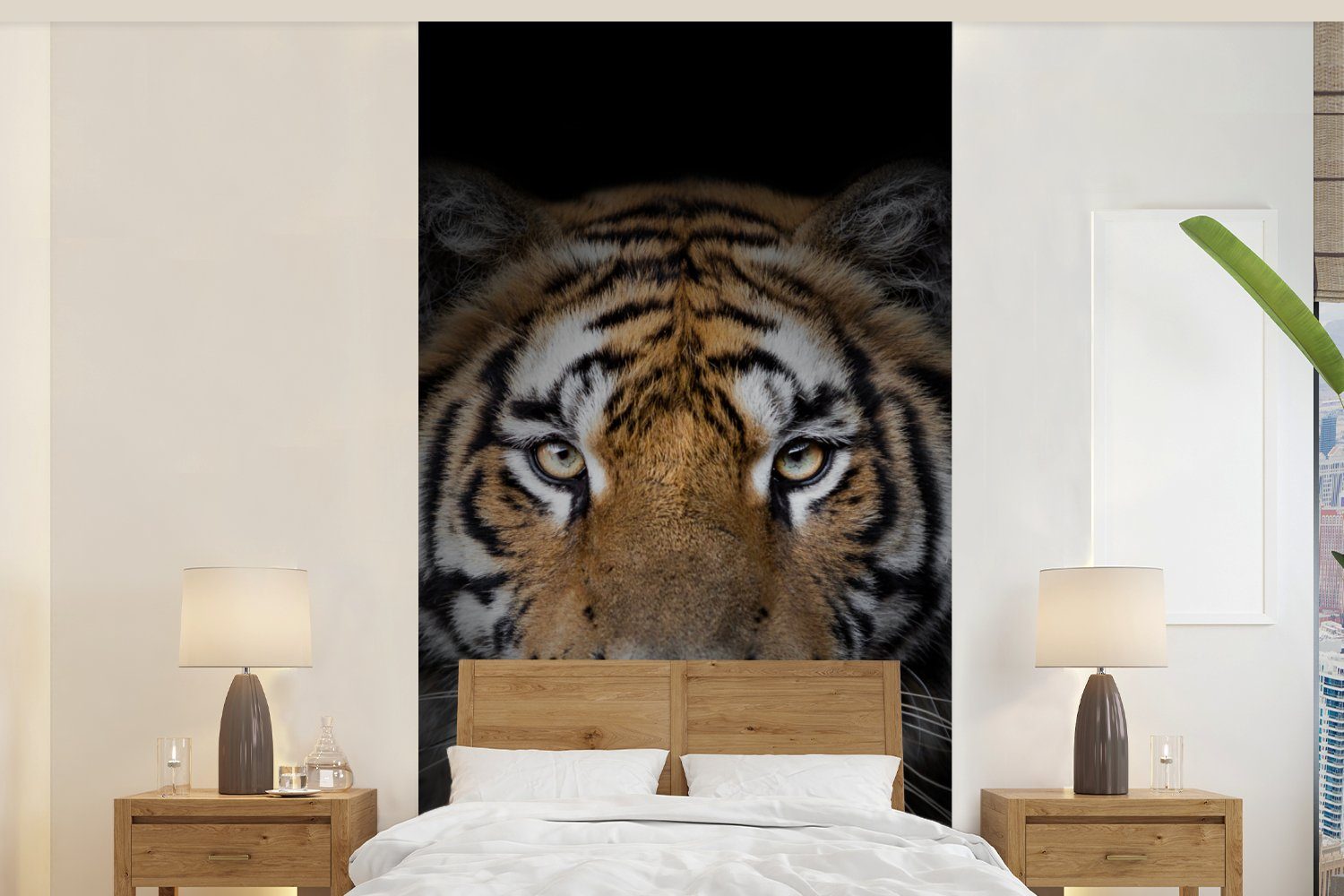 MuchoWow Fototapete Tiger - Wildtiere - Porträt - Schwarz - Tiere, Matt, bedruckt, (2 St), Vliestapete für Wohnzimmer Schlafzimmer Küche, Fototapete